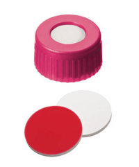 Fisherbrand&trade;&nbsp;9mm PP Short Thread Seal, Pink, Center hole, Assembled septum Silicone/PTFE white/red,1.0mm thickness,55&deg; shore A 