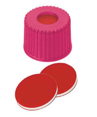 Fisherbrand&trade;&nbsp;8mm PP Screw Seal, Pink, Center hole, 8-425 thread, Assembled septum PTFE/silicona/PTFE rojo/blanco/rojo, 1,0 mm de grosor, 45&deg; shore A 