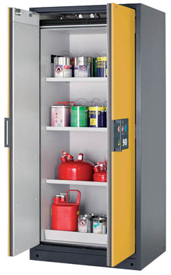 asecos&trade;&nbsp;Type 90 Safety Storage Cabinet Q-CLASSIC-90 615 x 893 x 1953mm, Wing doors in warning yellow, 3 x shelf, 1 x perforated insert, 1 x bottom collecting sump (sheet steel powder-coated) Combination Hazards Safety Storage Cabinets